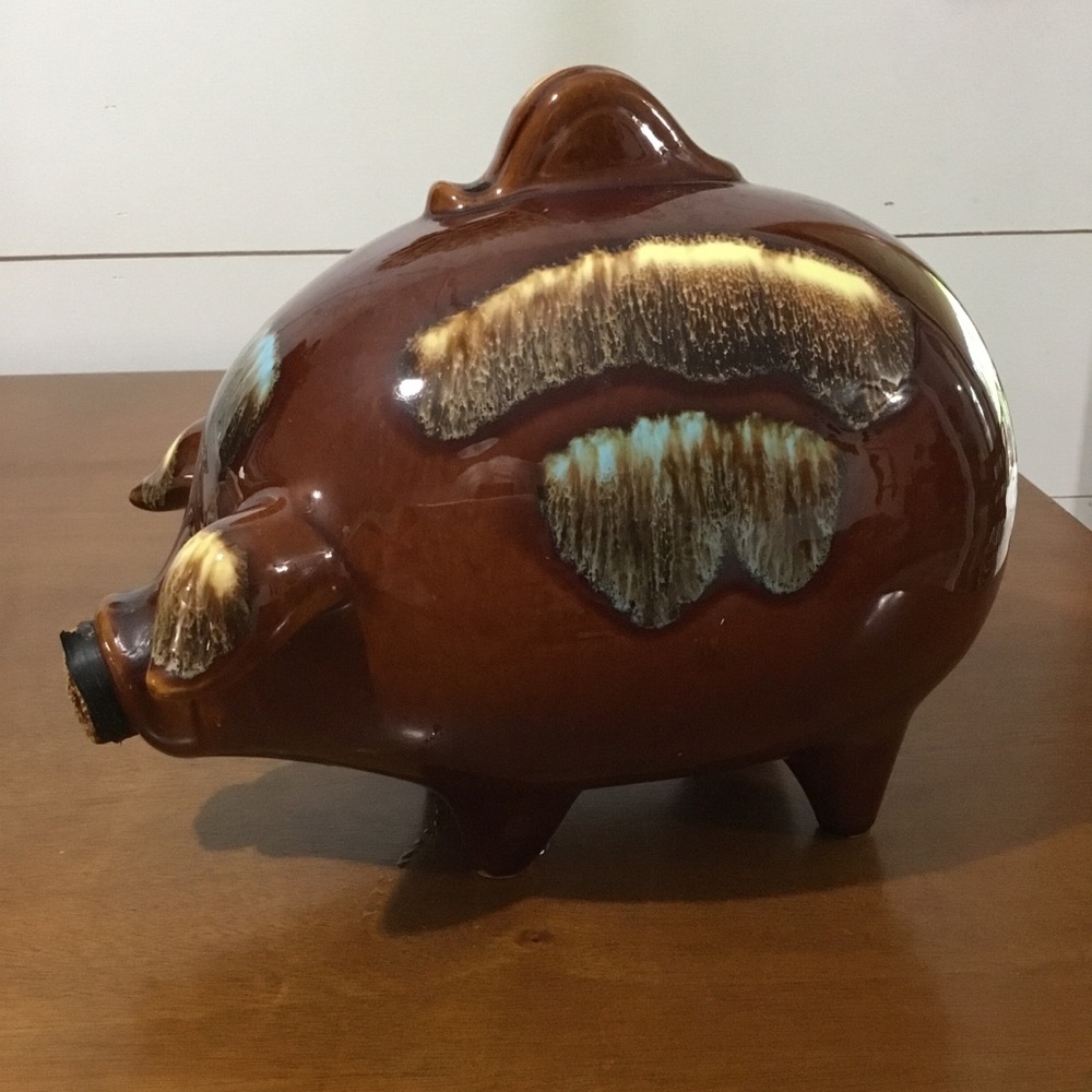 Vintage Hull Pottery Corky Pig Bank #197 Smiling Brown Drip Majolica 10" 1950